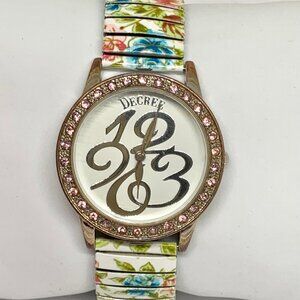 Decree ladies quartz watch 35mm pink rhinestones floral stretch band running